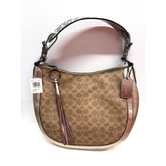 Coach Handbags - Coach Sutton Hobo Shoulder Crossbody Bag Signature Canvas Snakeskin TAN PLATINUM